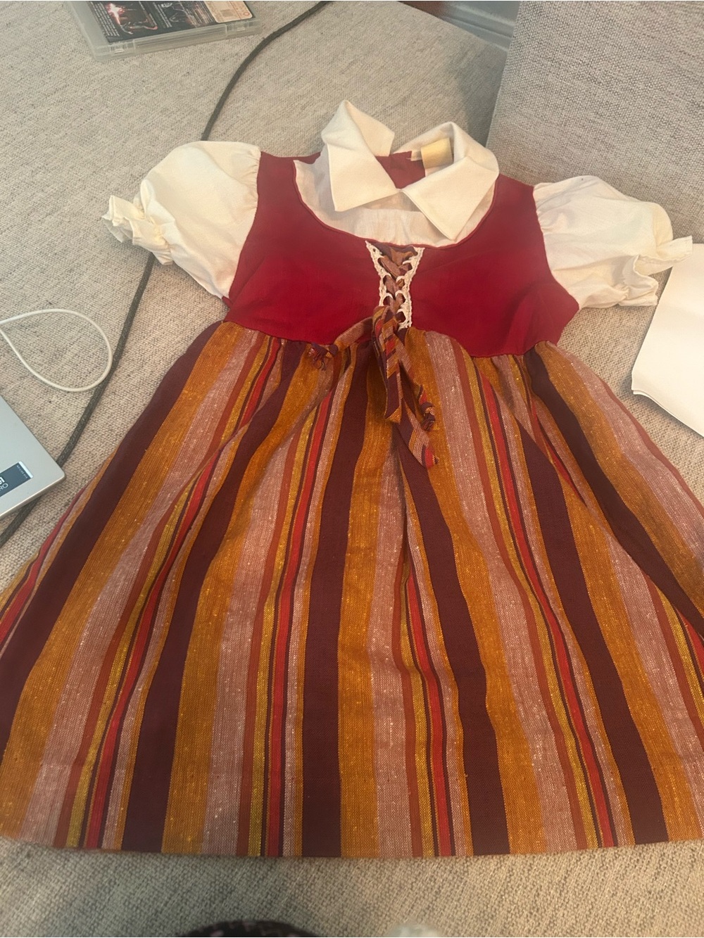 Vintage Girls Rustic Dress in Red, Gold & Cream